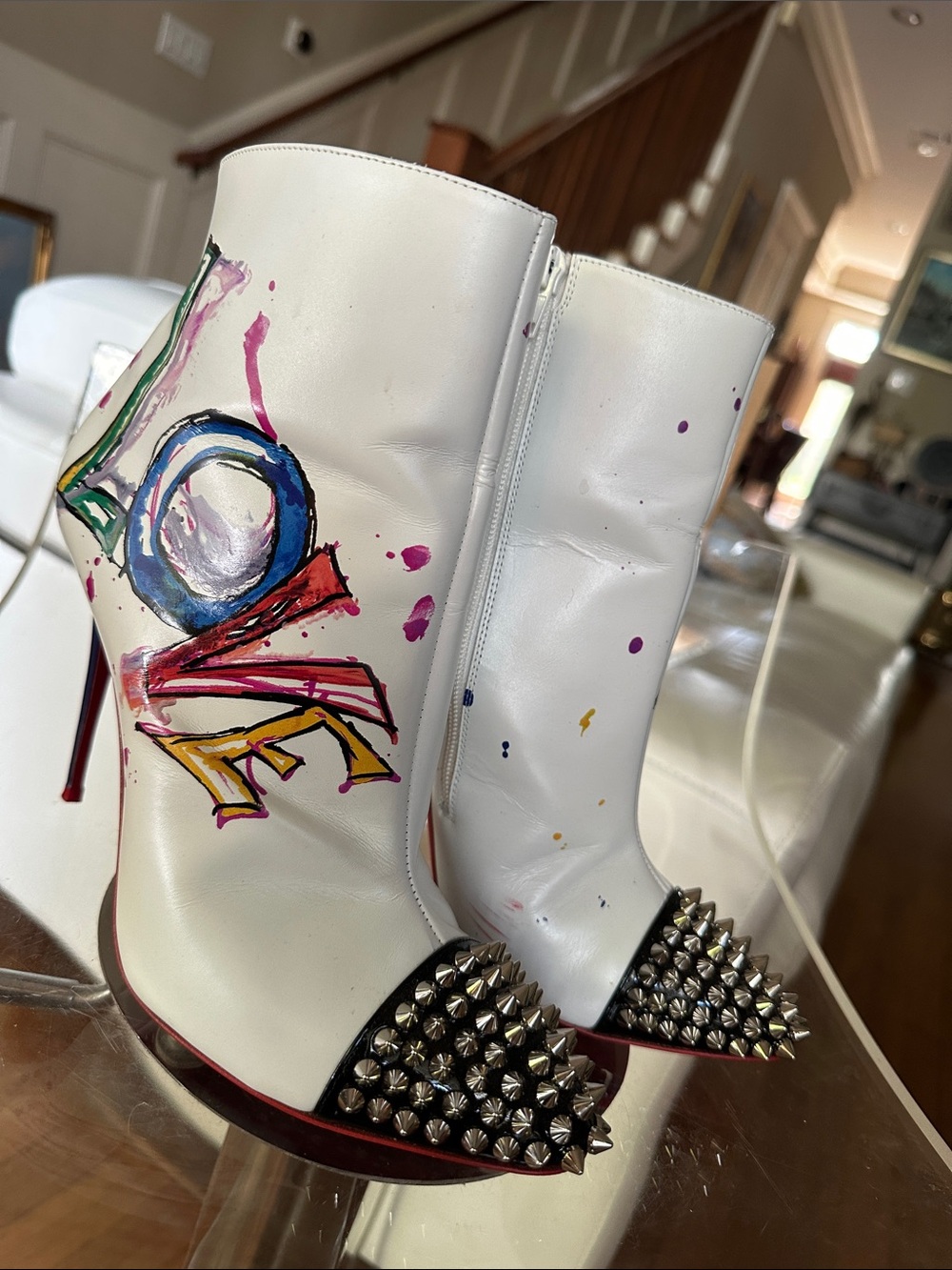 Christian Louboutin White Leather Hand-Painted Spike-Toe Ankle Boots